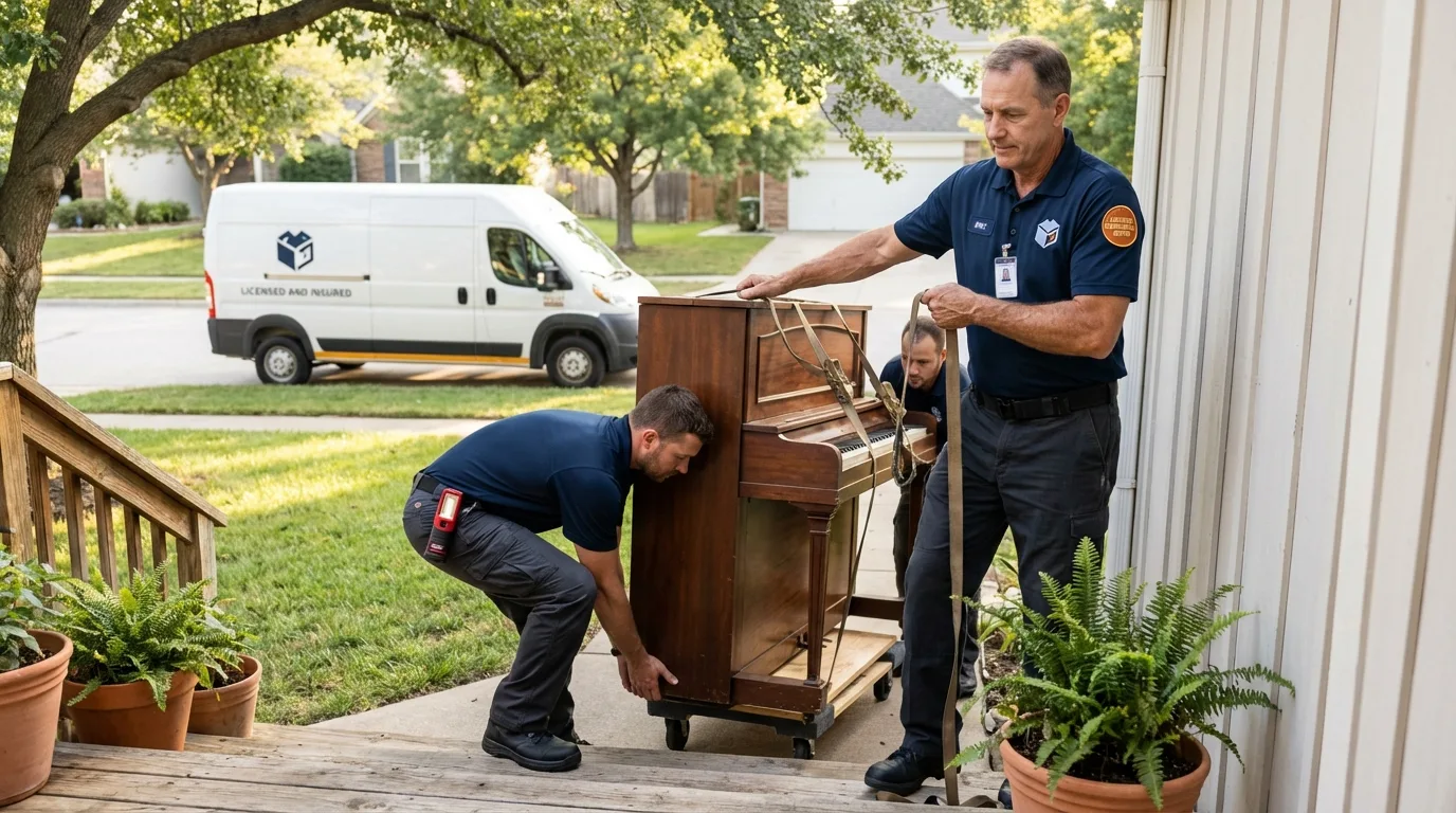 Licensed piano movers securing grand piano in Richmond, MI