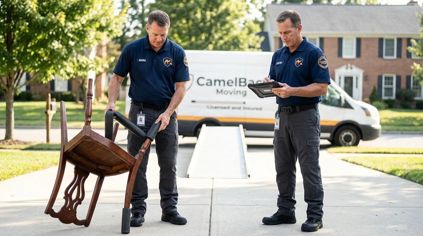 Movers inspecting furniture for damage prevention before loading in Richmond, MI