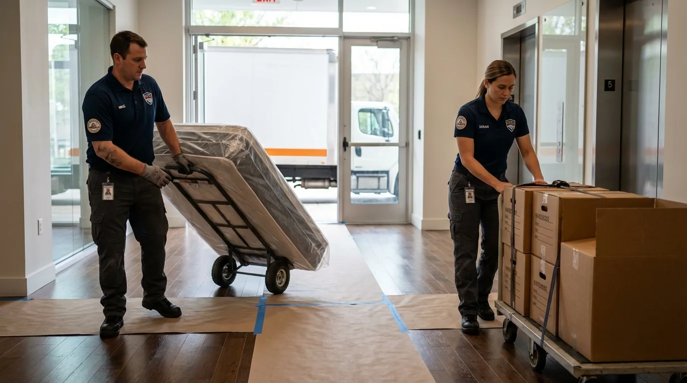 Professional apartment movers loading elevator in Richmond, MI