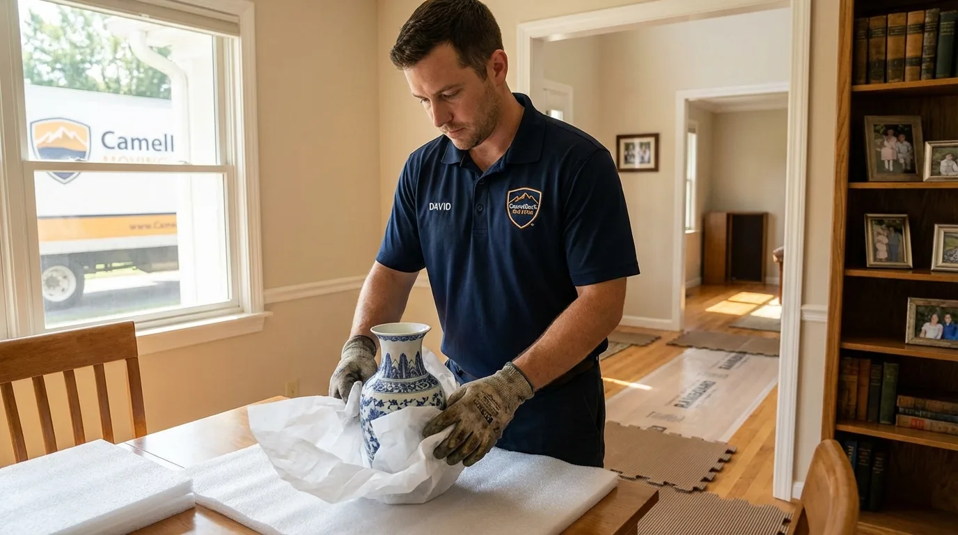 Professional crew carefully wrapping antique vase for senior downsizing move in Richmond, MI